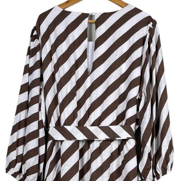 Lane Bryant Blouson-Sleeve Ruffle Hem Brown White Stripe Print Size 24 NEW - Picture 10 of 14